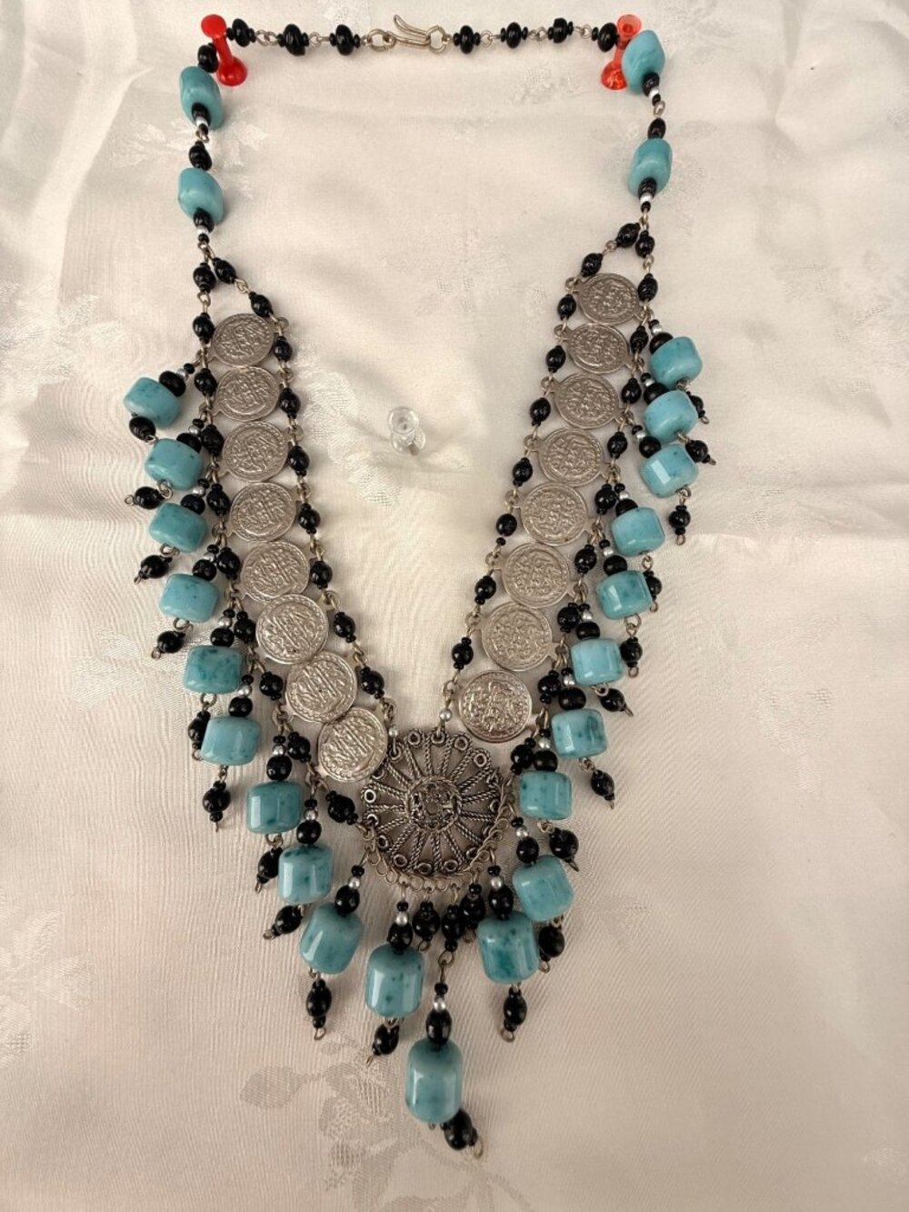 Vintage Silver Faux Coin Necklace w/ Black/Blue Bead Accents - Statement Jewelry